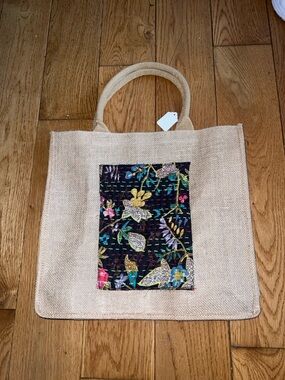 Natural Jute Tote Bag with Floral Patch Panel